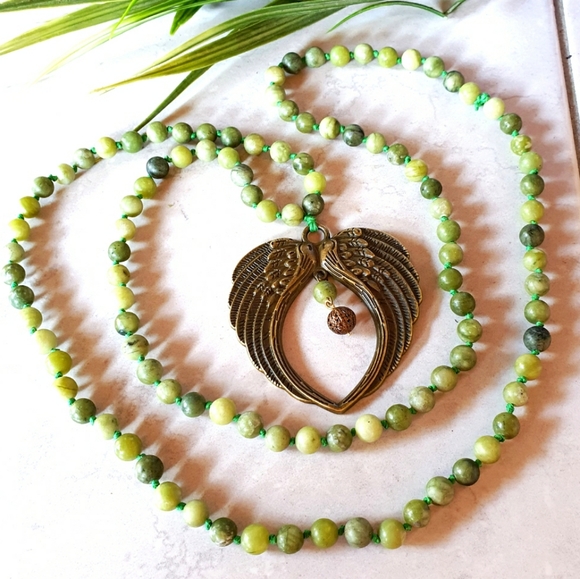 Gaviota Jewelry - Jade Beads Antique Bronze Wings Long Necklace